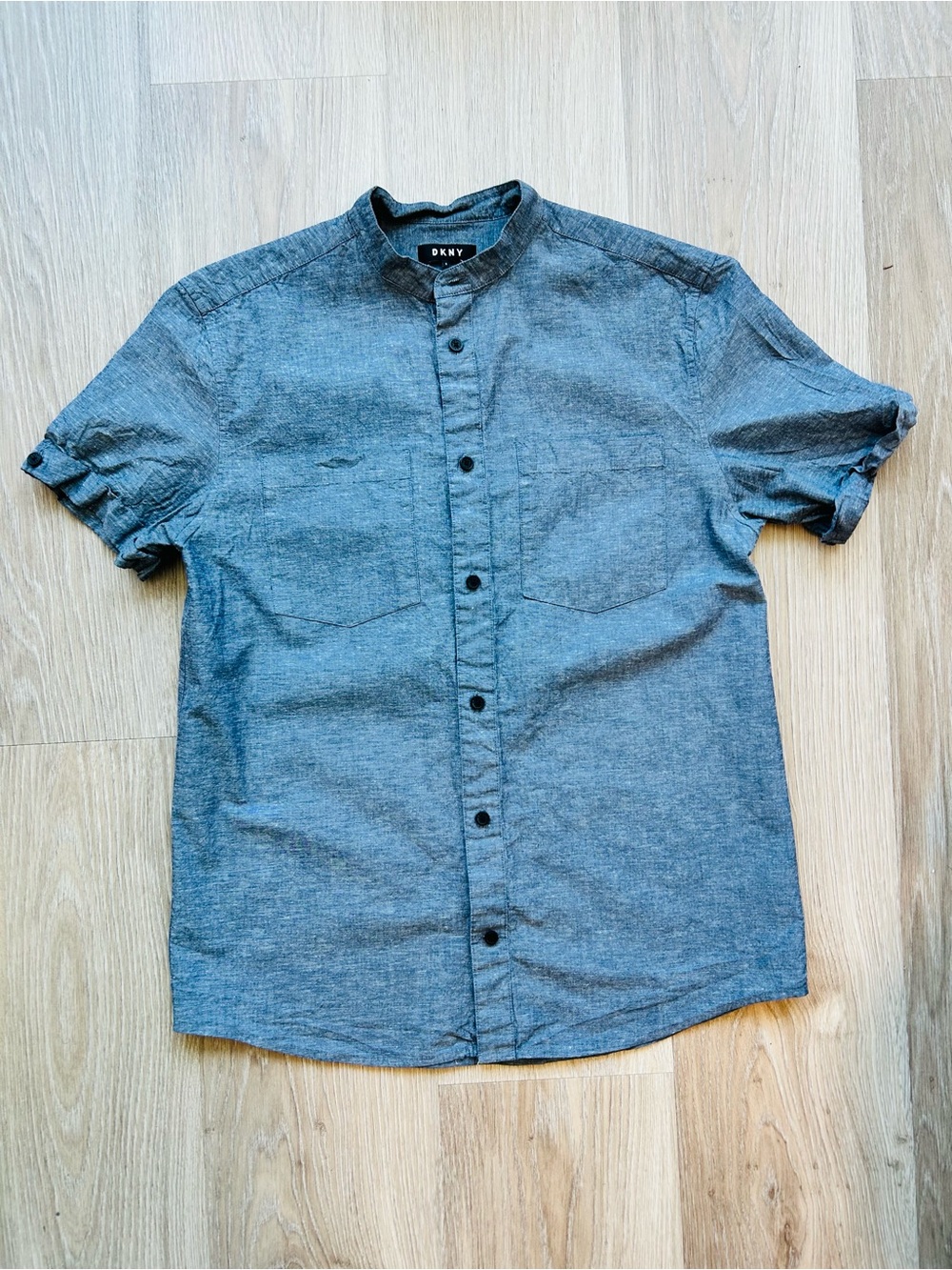 DKNY Band Collar Short Sleeve Chambray Button Down